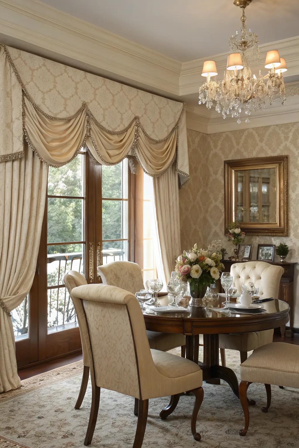 Board-mounted valances lend enduring charm to any dining space.