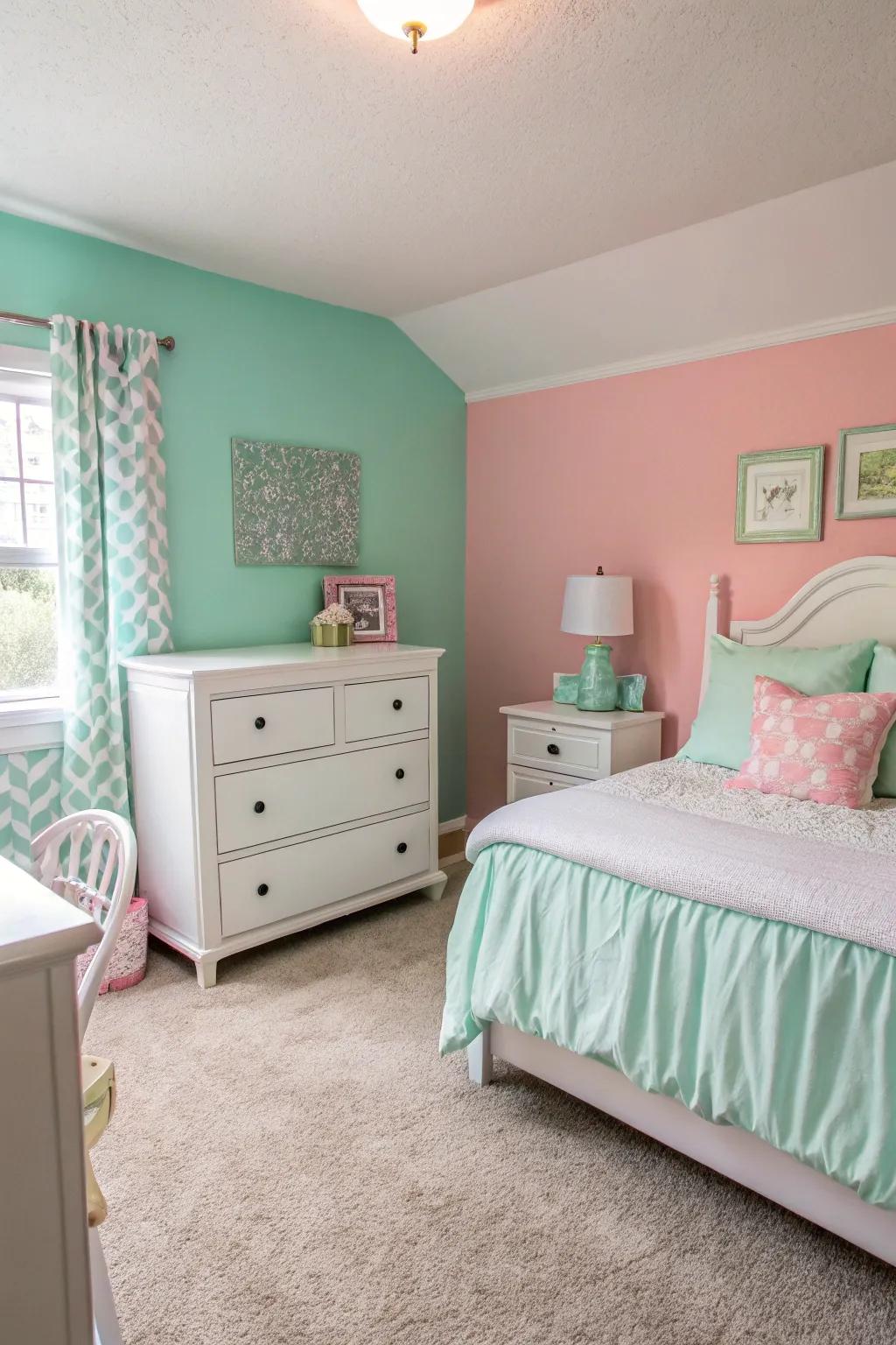 Pastel-themed bedroom with soothing pinks and greens.