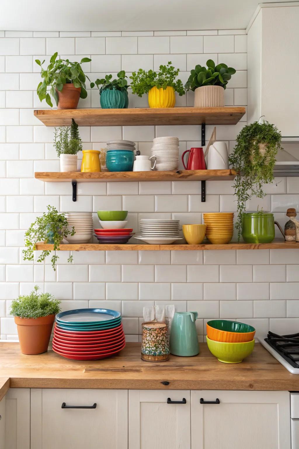Open shelving brings a personal and airy feel to the kitchen.