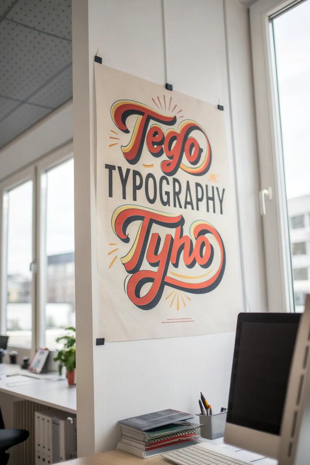 A poster showcasing whimsical typography enhancing a chic home office.