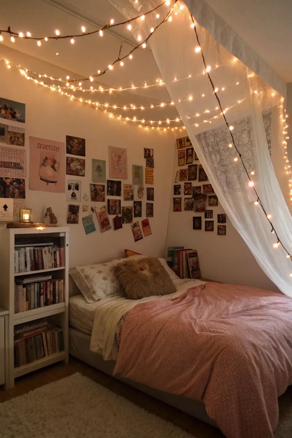 Fairy lights adding a magical glow to a teen's room.