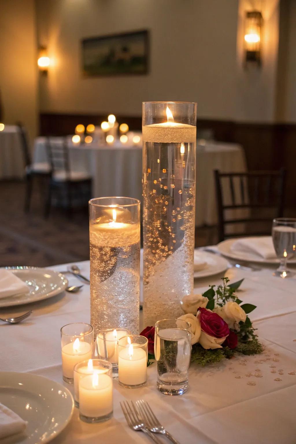 Roundform vases with floating lights provide a captivating radiance.