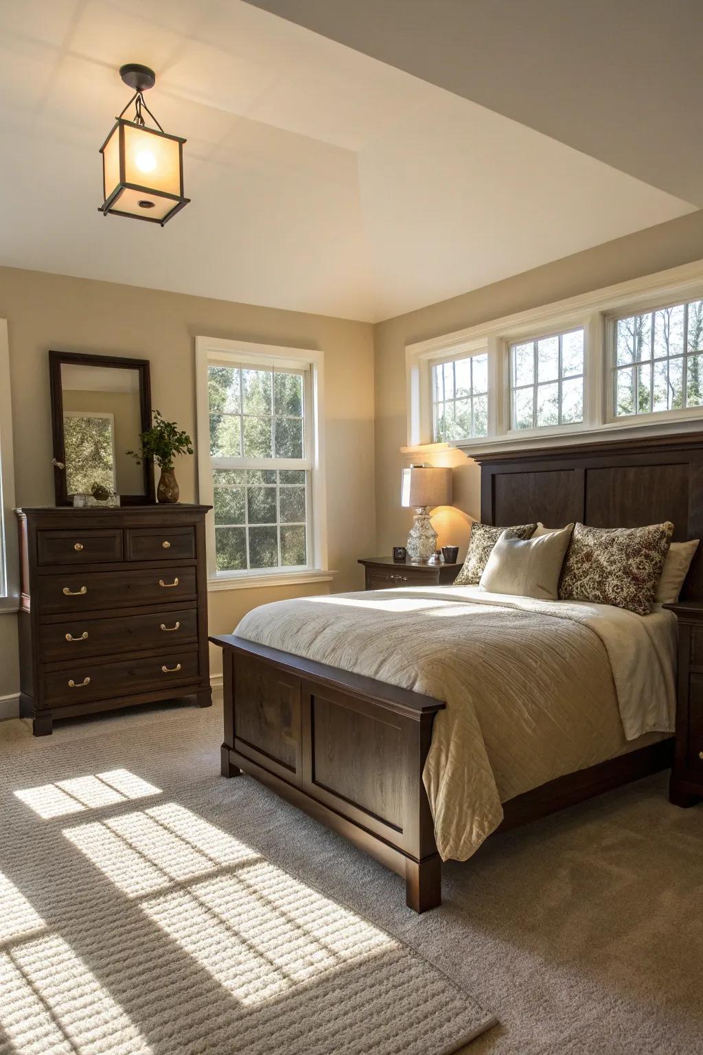 Bright walls draw attention to deep brown furnishings, achieving a balanced aesthetic.