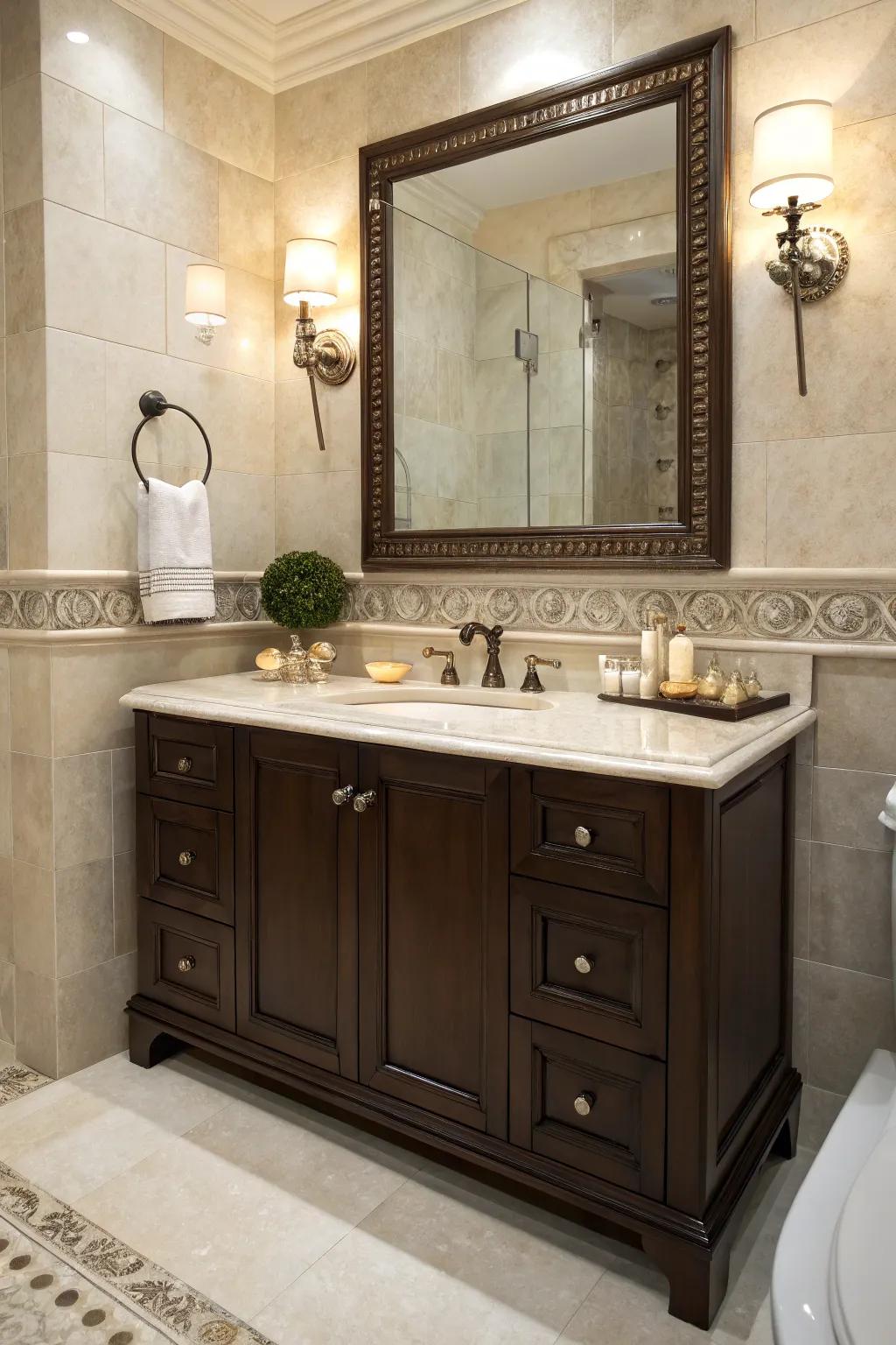 A classic combination: dark brown vanity with a light marble top.