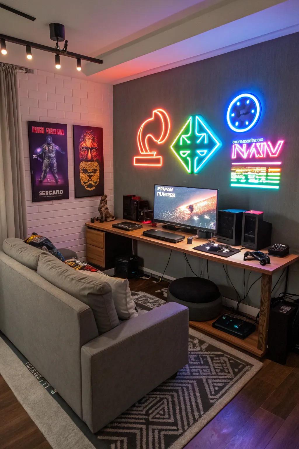 Elevate the vibe of your gaming space by carefully placing LED strips and neon signs.