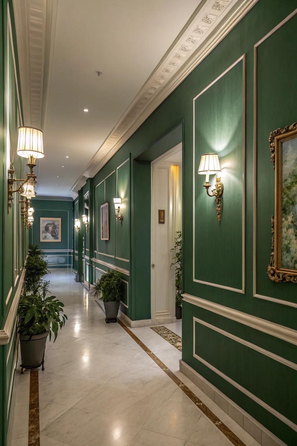 Walls in forest green convert this hallway into an elegant setting.