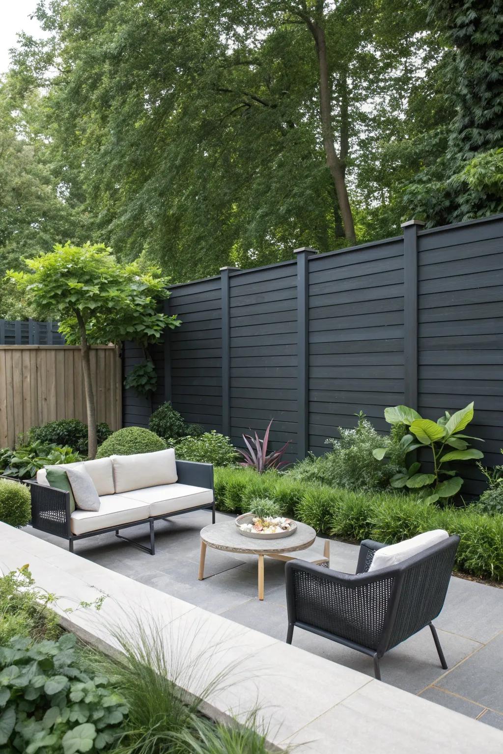 A minimalist garden showcasing a charcoal-toned enclosure with crisp lines and modern furniture.