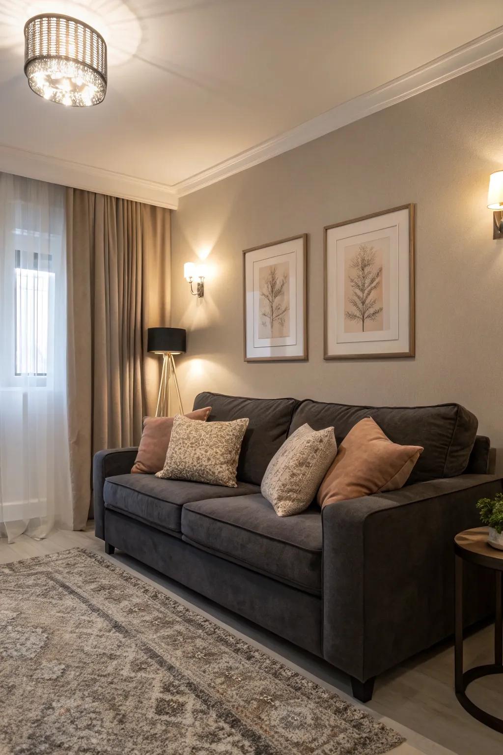 Subtle hues enhance the profound elegance of a charcoal couch beautifully.