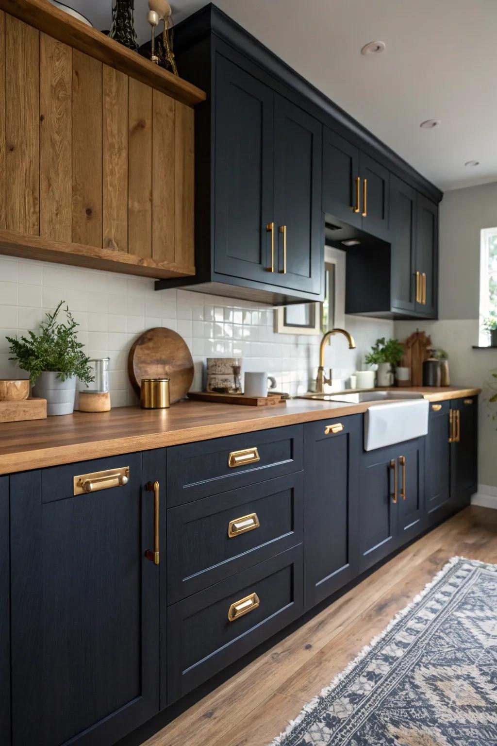 Luxurious dark indigo cabinets enhanced by brass hardware create an elegant kitchen atmosphere.