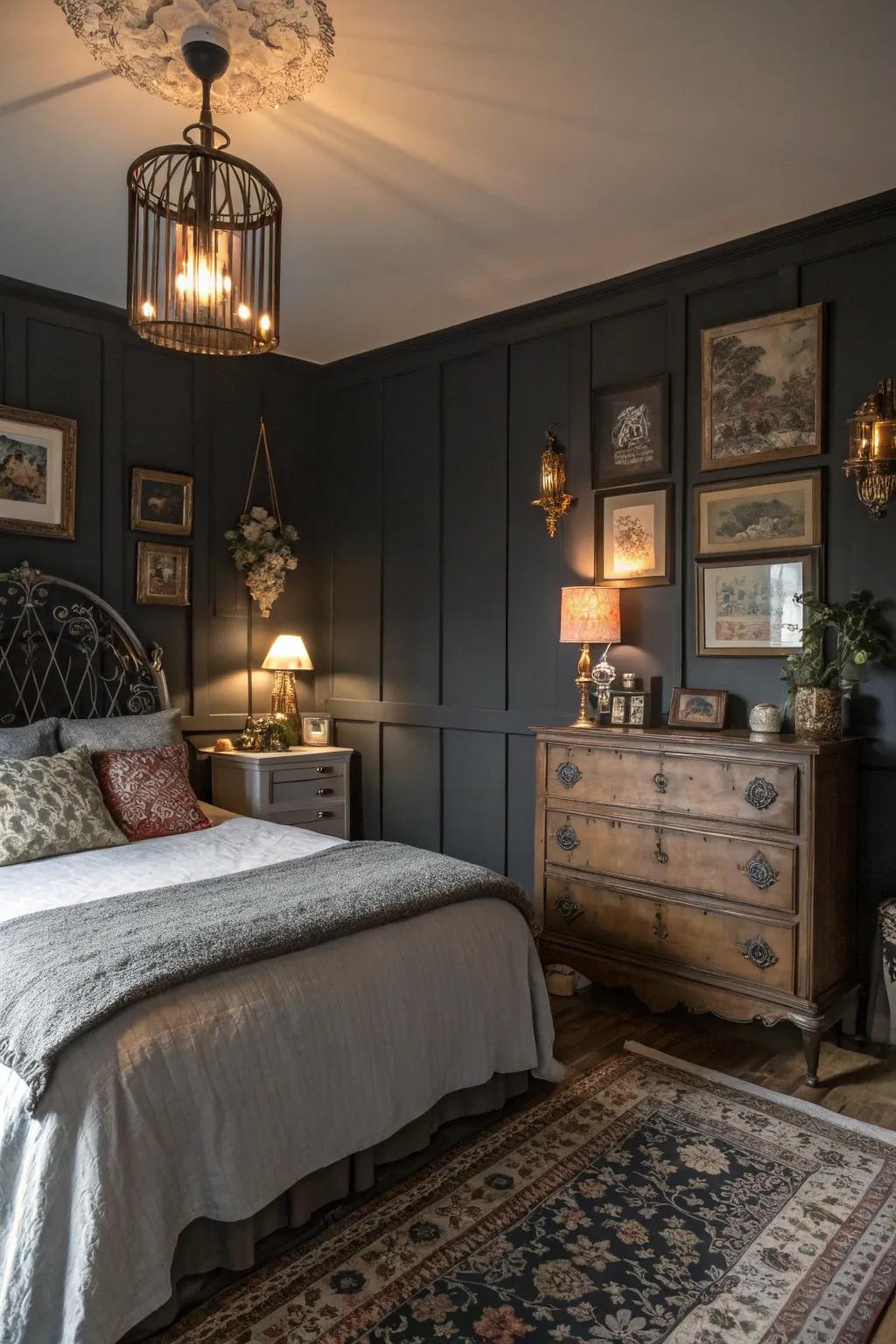 Walls of deep charcoal establish a striking yet calming setting for a vintage-inspired bedroom.