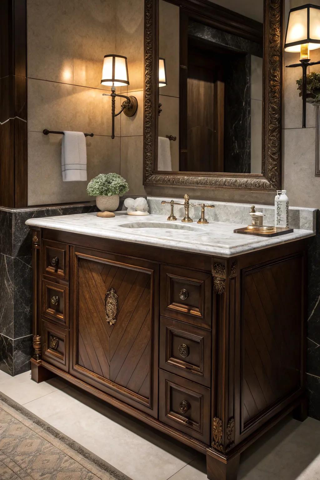 A striking mahogany sink station complemented by a pristine stone surface.