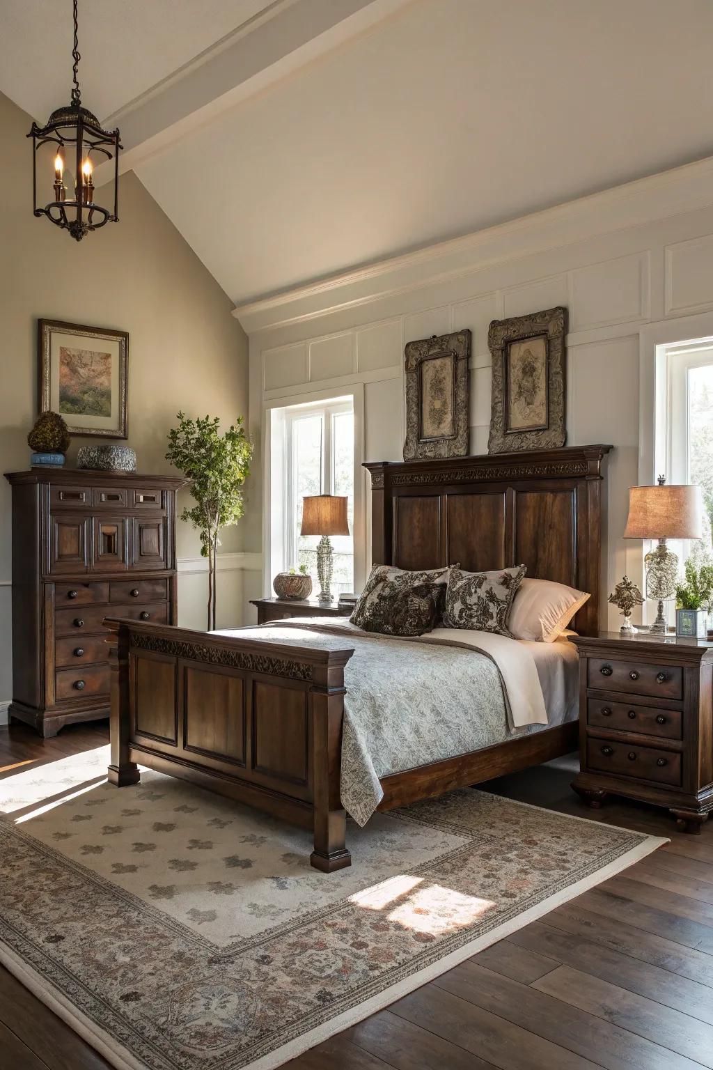 Bright walls beautifully contrast with dark wood furniture.