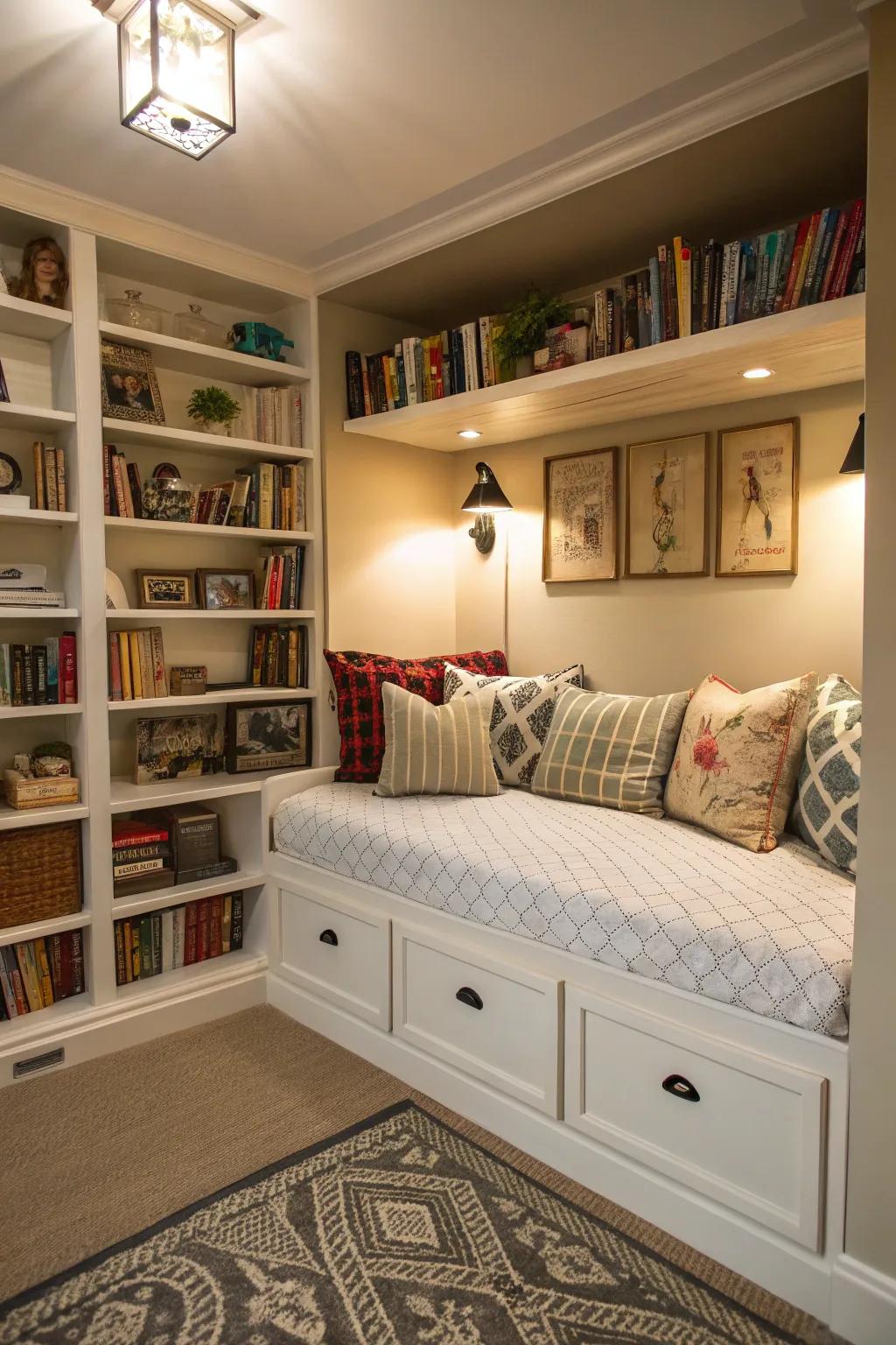 Use your area wisely with a daybed that features shelves and storage built in.