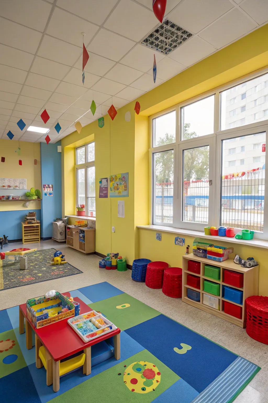 A daycare space featuring walls adorned with vivid primary colors and lively furnishings.