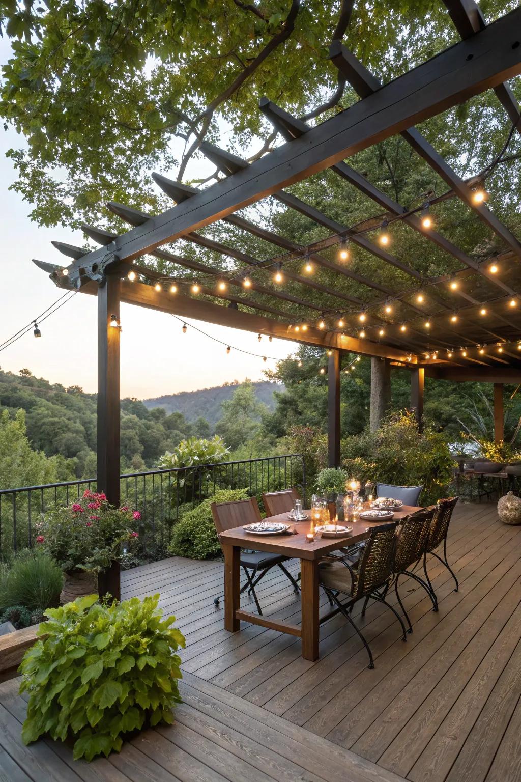 A deck dining area under a pergola with inviting string lights.