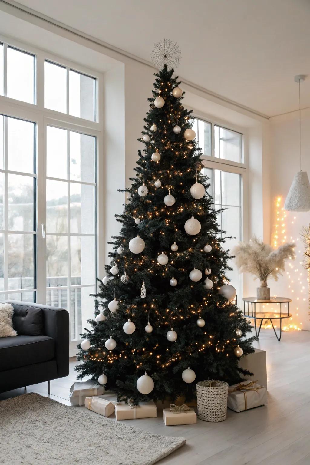 An elegant charcoal Christmas tree decorated with ivory ornaments.