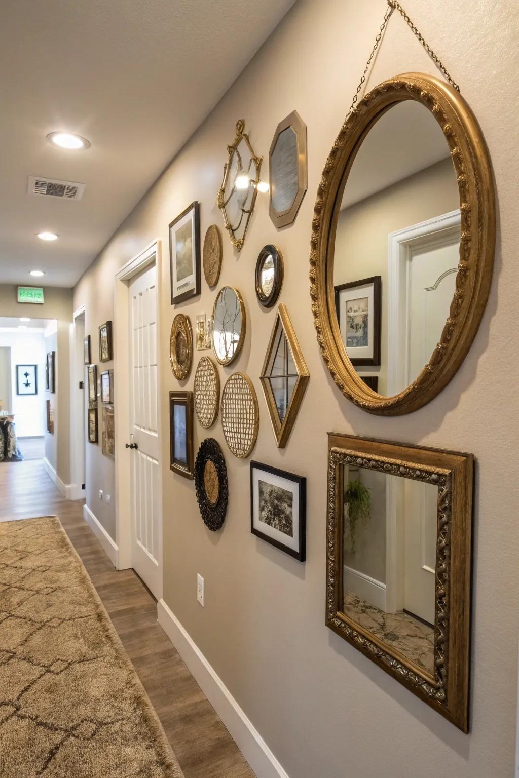 A vibrant mirror feature wall breathes vibrancy into a lackluster hallway.