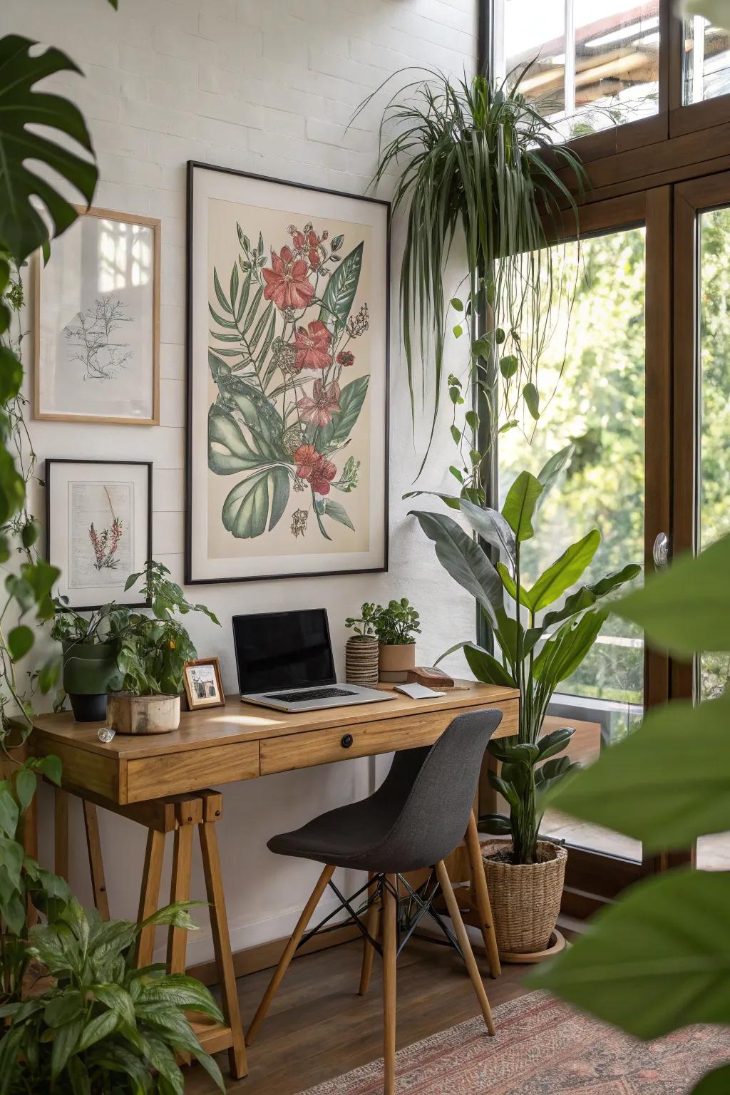 A home office showcasing a framed floral design drawing.
