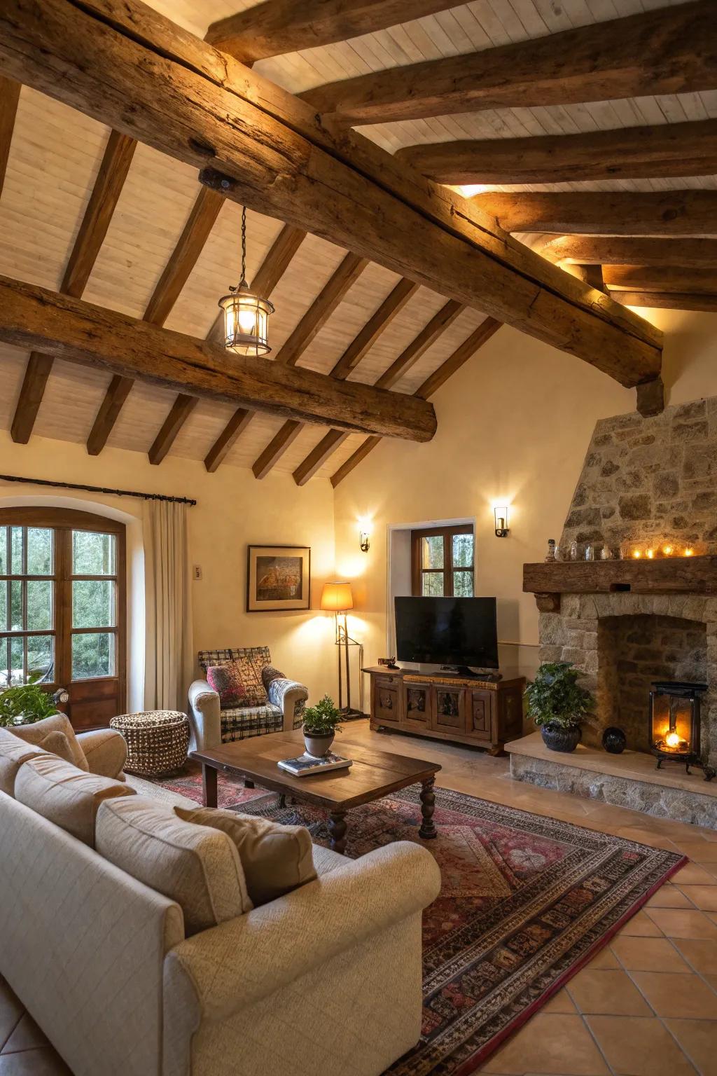 Rustic wooden beams impart a welcoming warmth and elegance to this inviting living room.