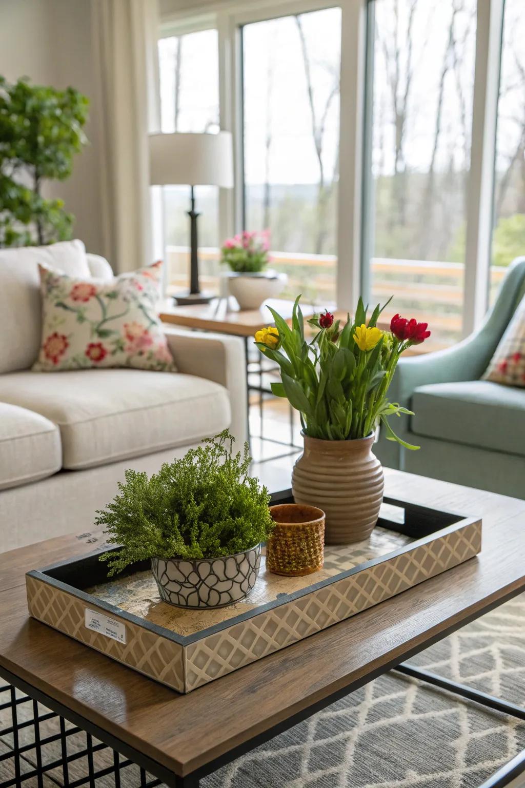 A coffee table base beautifully arranged with a potted plant and lively flowers.