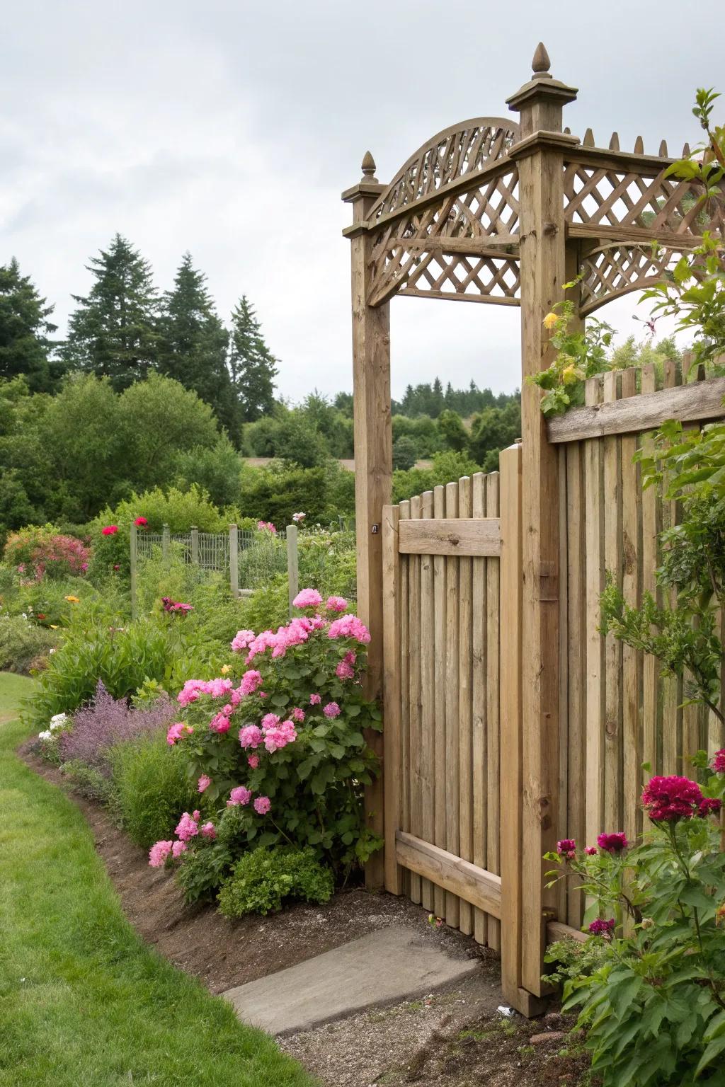 An openwork summit introduces sophistication and radiance to a wooden barrier.