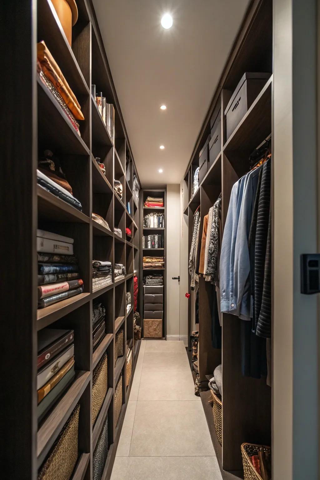 Maximize storage with vertical shelving in your narrow closet.