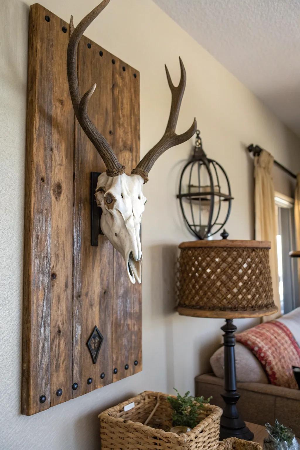 A country-style wooden panel highlights the innate allure of a deer skull display.