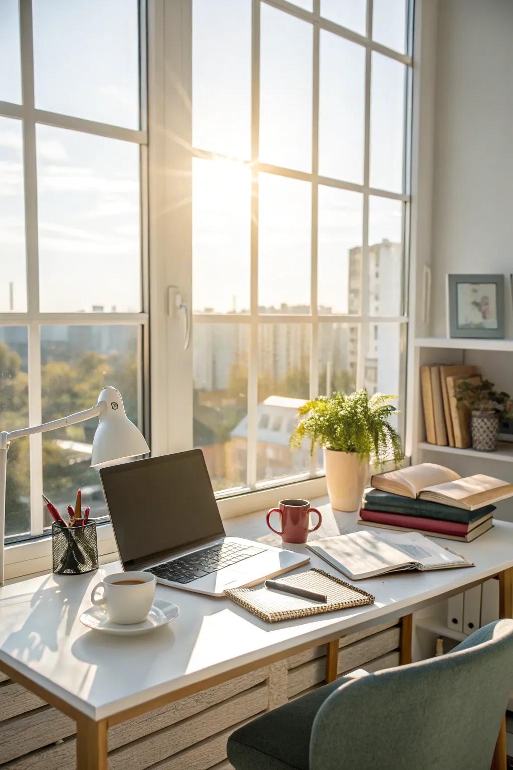 A perfectly positioned desk basks in the natural light flooding through a large window.