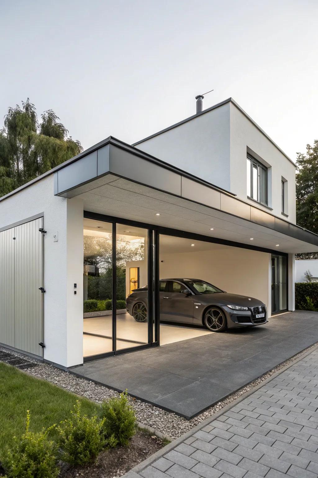 A sleek minimalist garage radiating sophistication and simplicity.