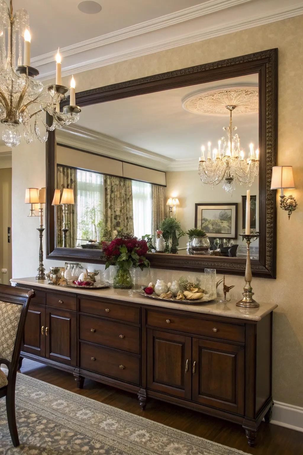 A large mirror amplifies the elegance and depth of this buffet display.