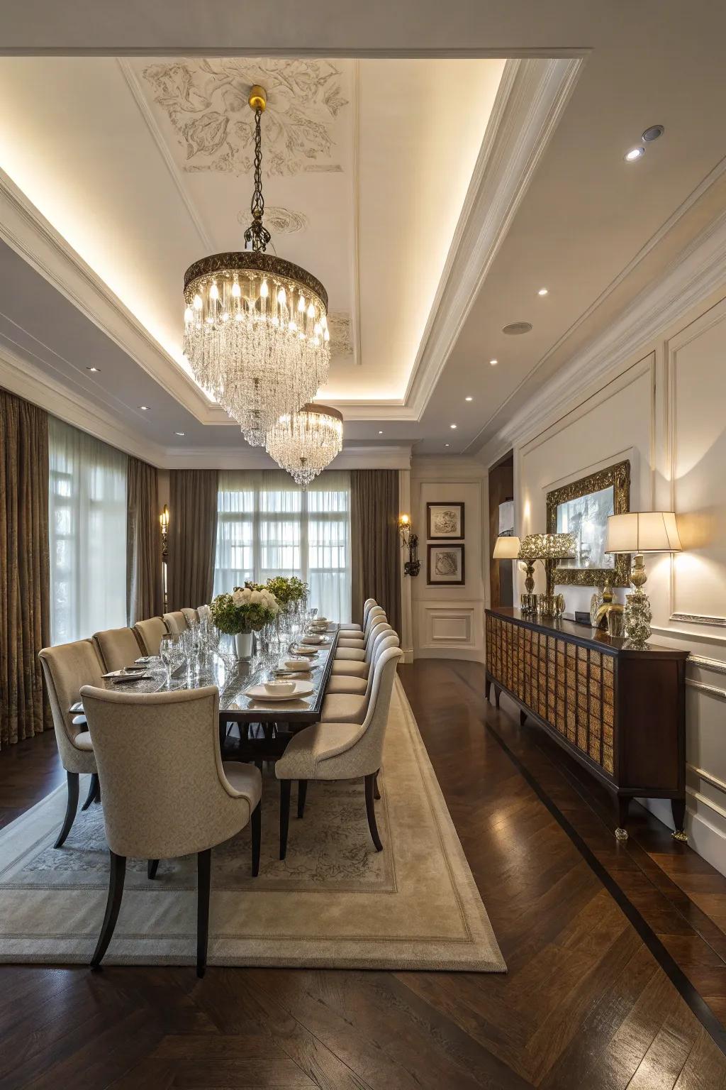 A classic chandelier elevates a dining room with its sophistication and flair.