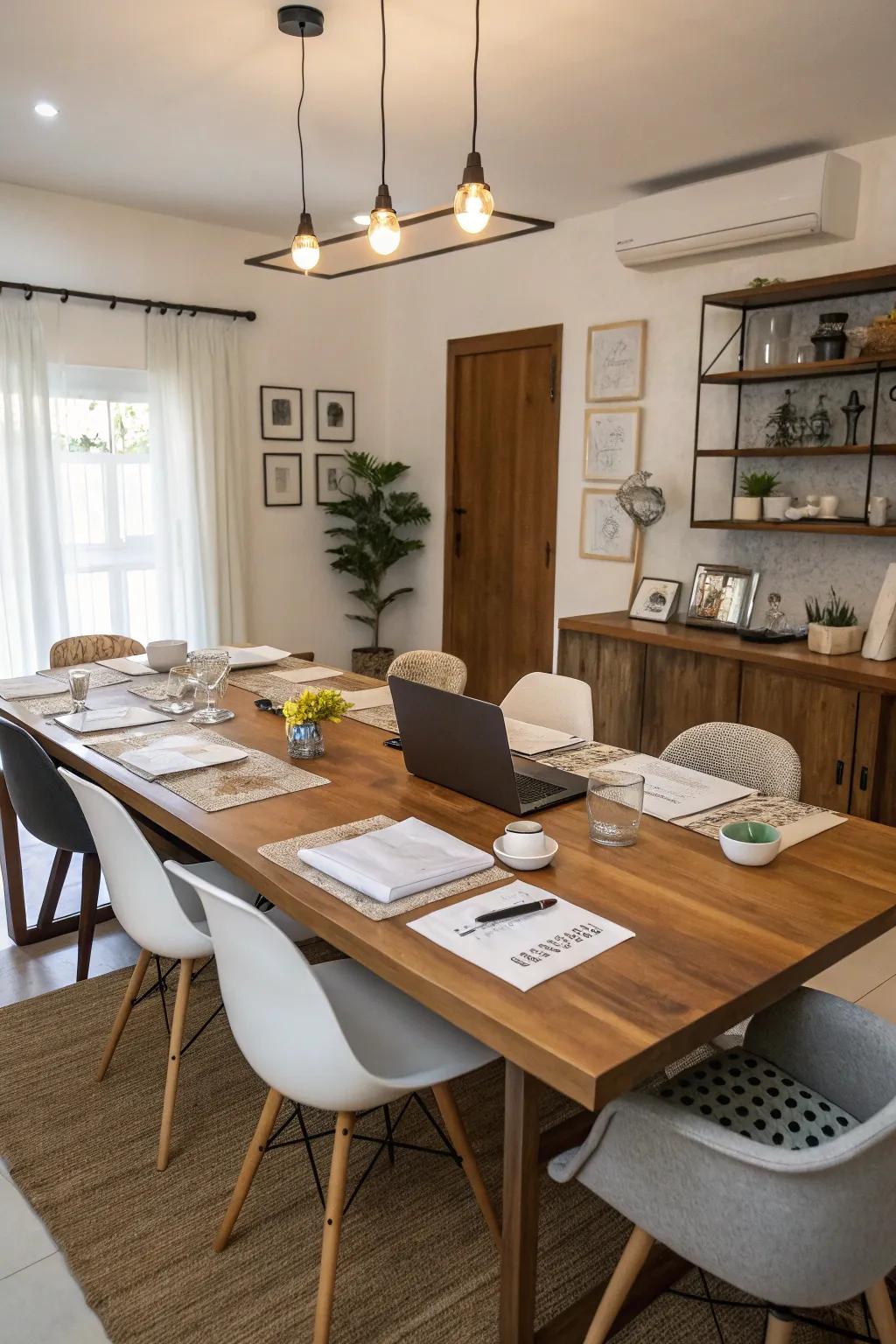 An adaptable table beautifully arranged for dining and professional tasks.