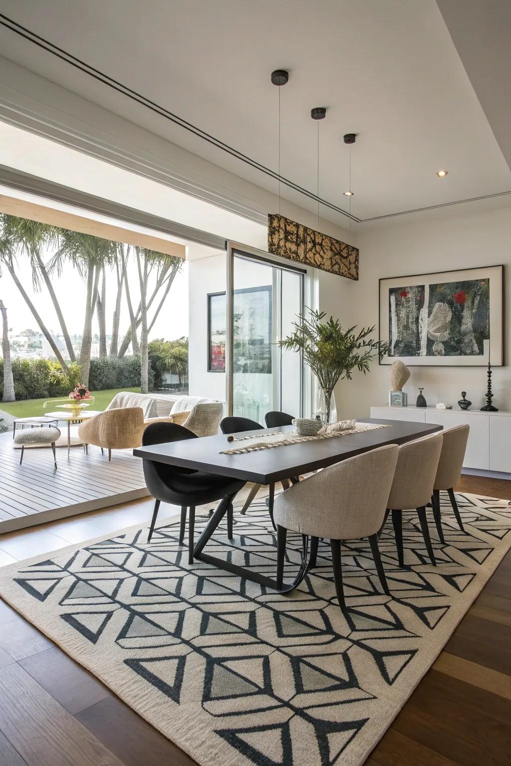 Bring in a modern twist with a bold geometric rug.