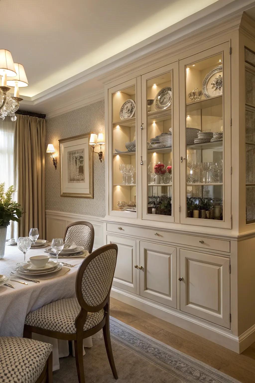 Integrated cabinets provide both storage and style, blending flawlessly into your dining room's theme.