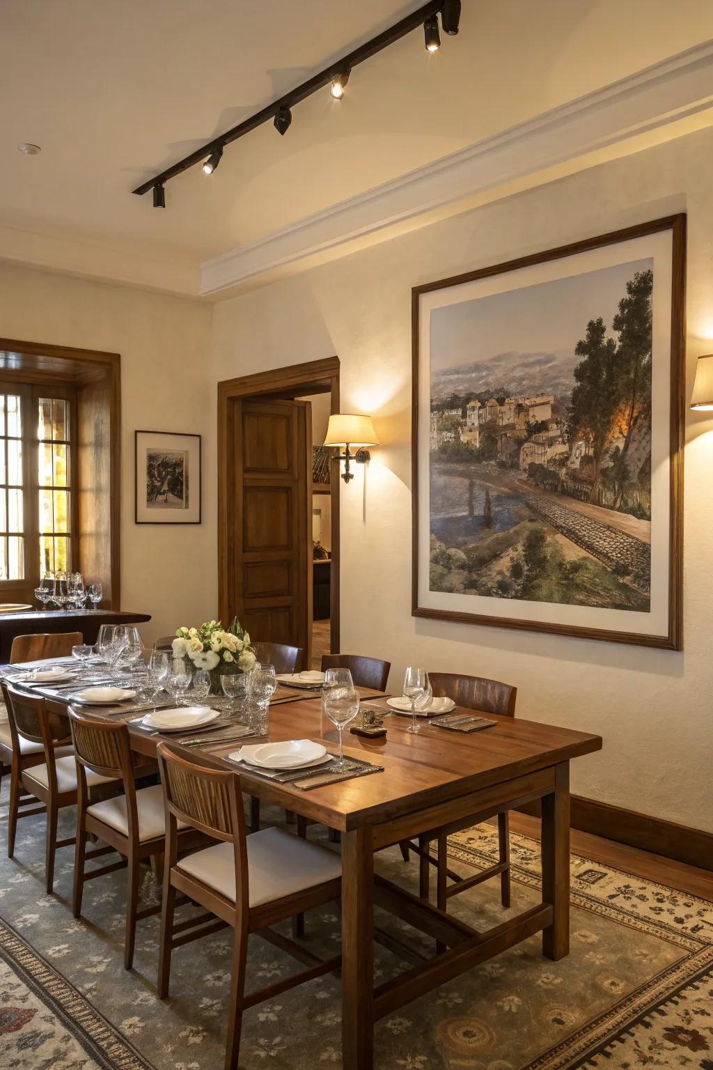 A substantial framed art print gives this dining room a unique personality.