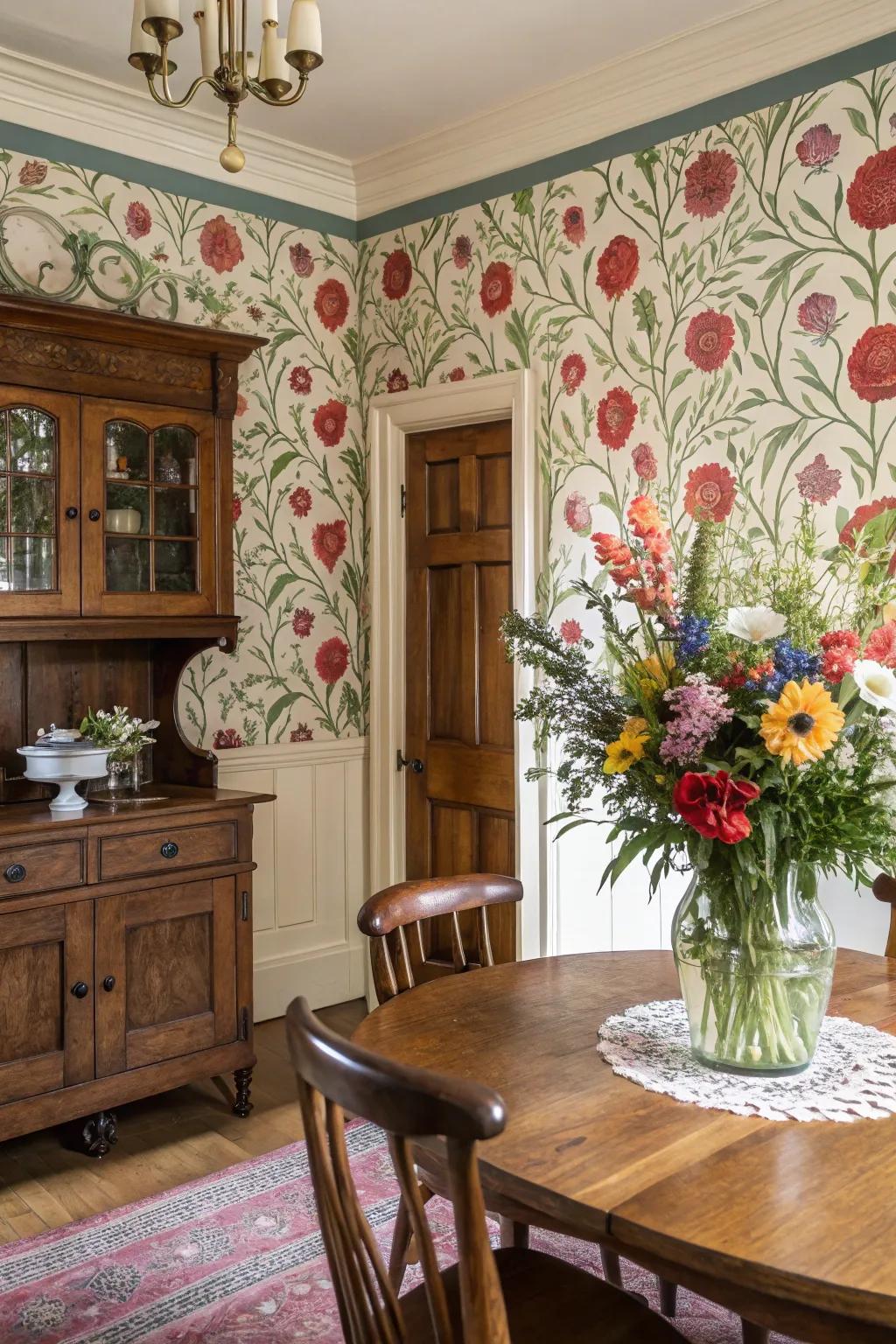 Floral wallpaper melds harmoniously with vintage decor, shaping a timeless dining encounter.