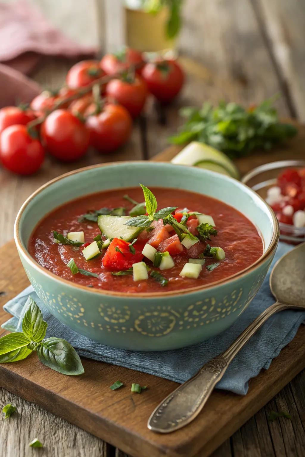 Stay cool with a bowl of reviving garden soup, the perfect summer refreshment.