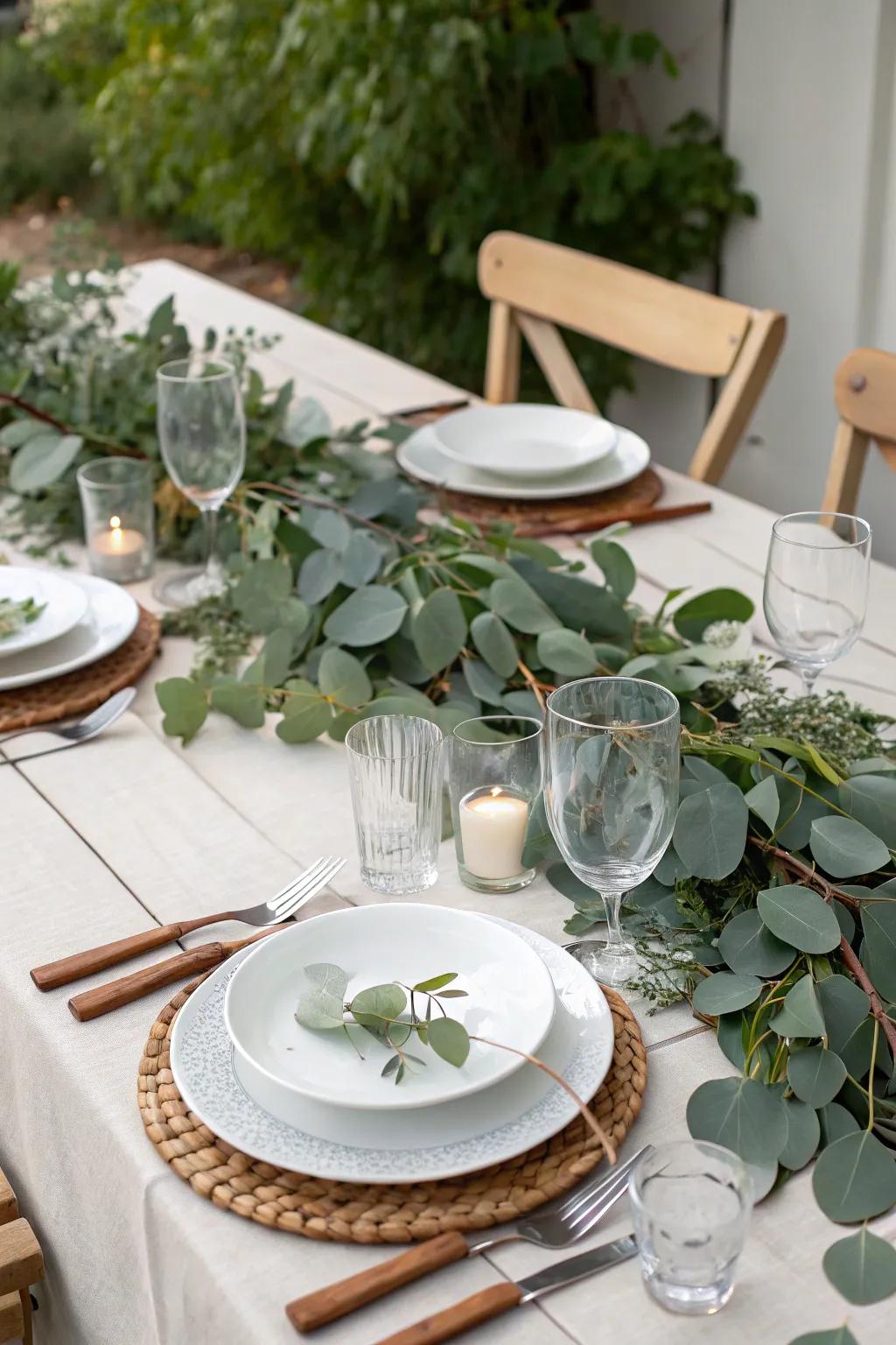 A dinner table adorned with natural elements such as aromatic herb sprigs.