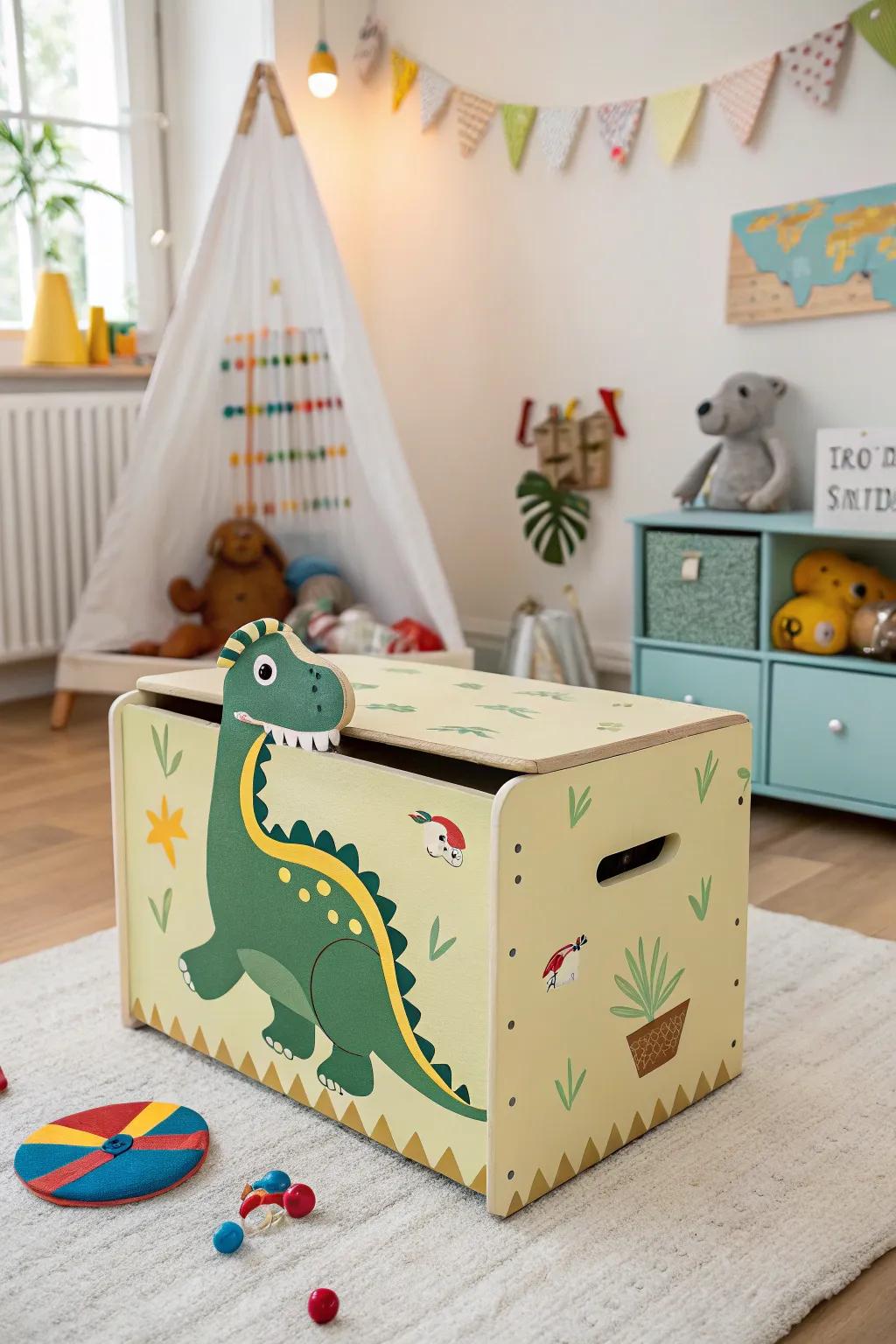 A lively dinosaur-shaped chest ideal for stowing toys.