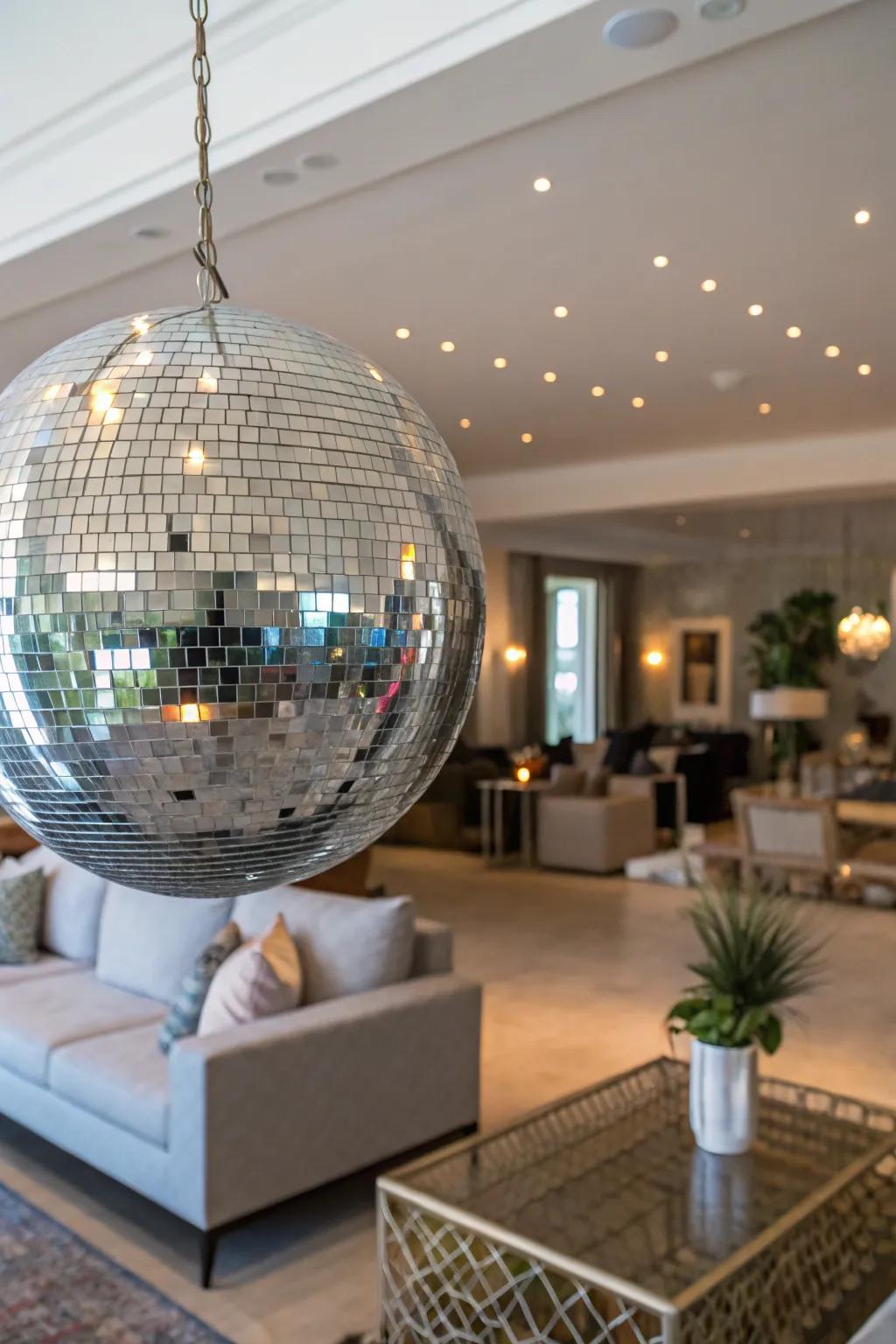 A sizable gleaming sphere centerpiece designs a classic dance floor atmosphere inside an elegant lounge.