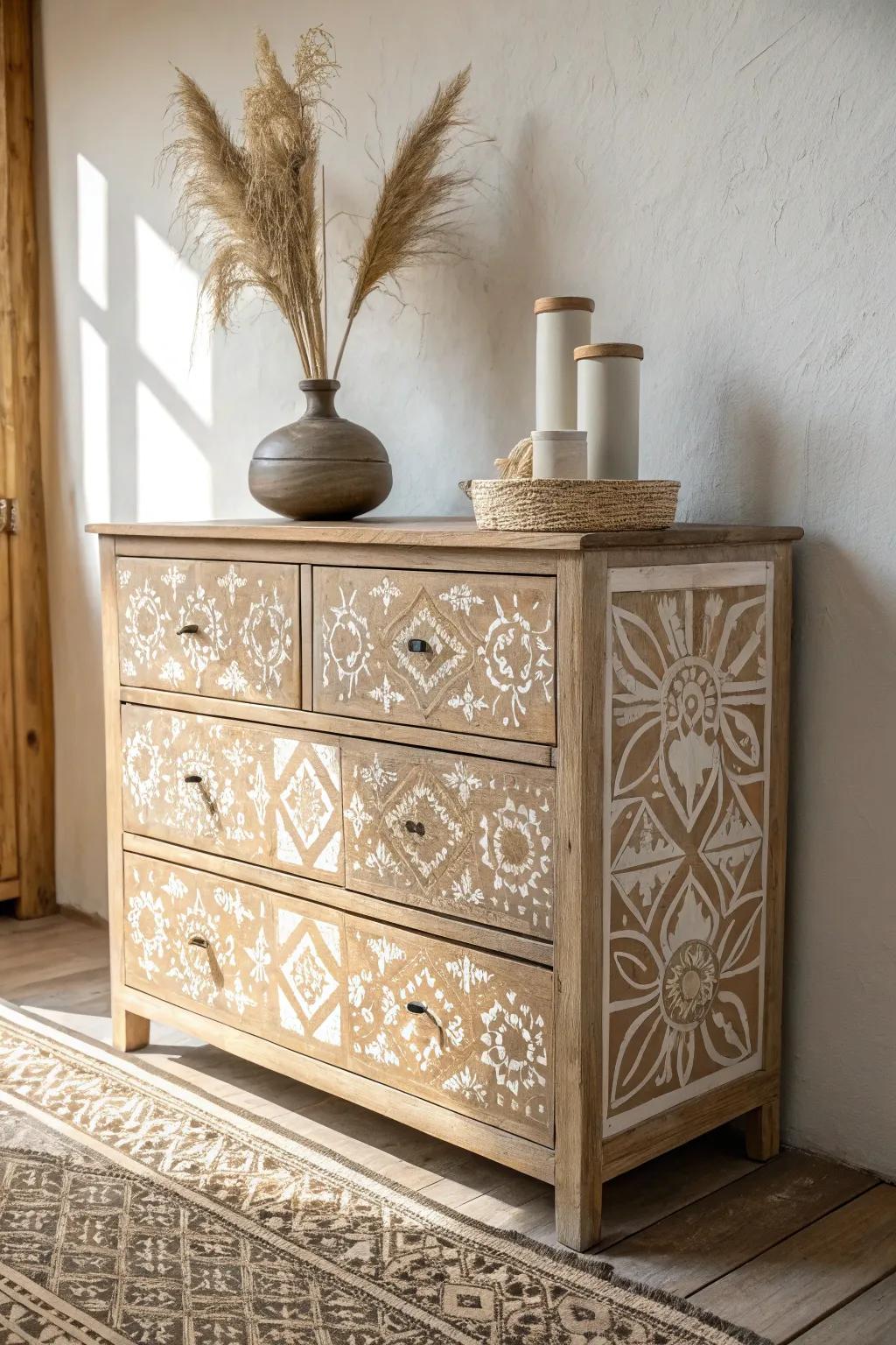 Revitalize your area with stenciled boho artistry and celebrate the beauty of simplicity and sophistication.