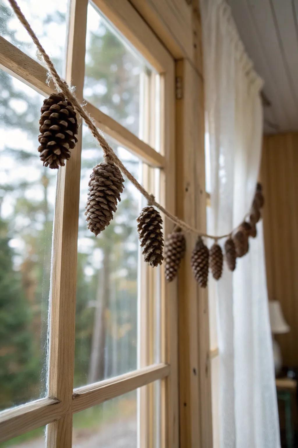 Fill your space with woodland beauty, using a pinecone garland to bring an inviting and cozy vibe into your holiday ambiance.