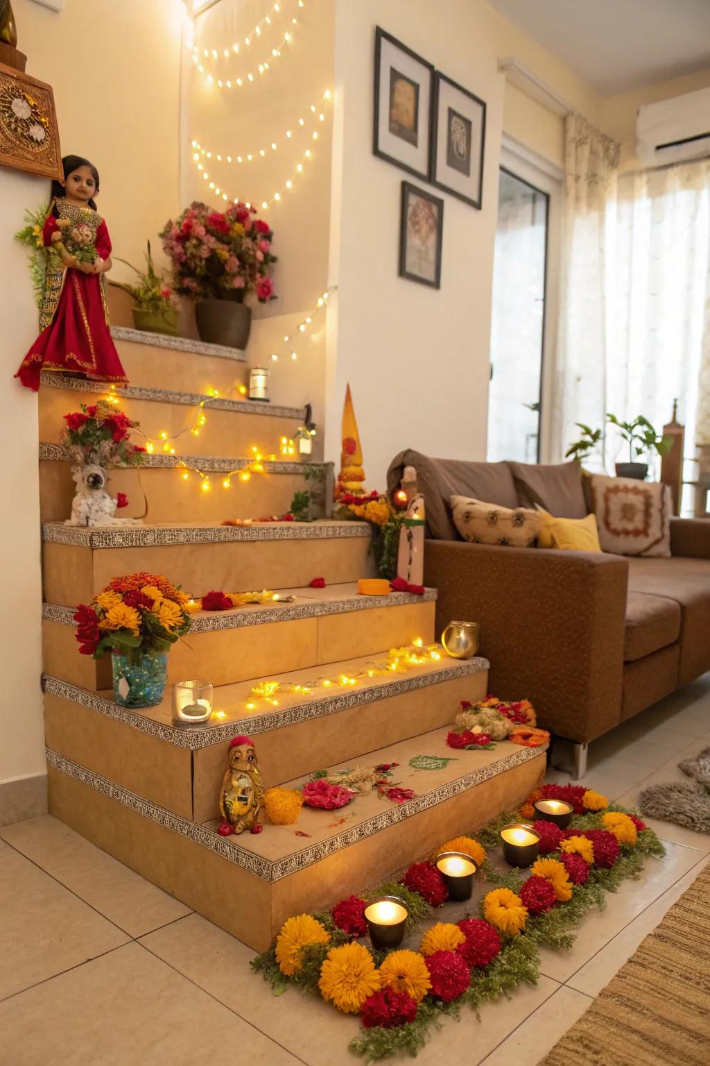 Beautifully adorned cardboard levels enhance a festive Golu presentation.
