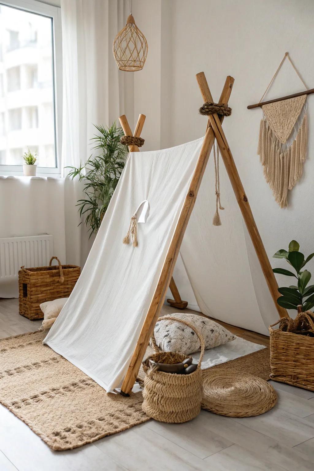 Set up a cozy A-frame tent with just a textile and cord—your ideal minimalist escape!