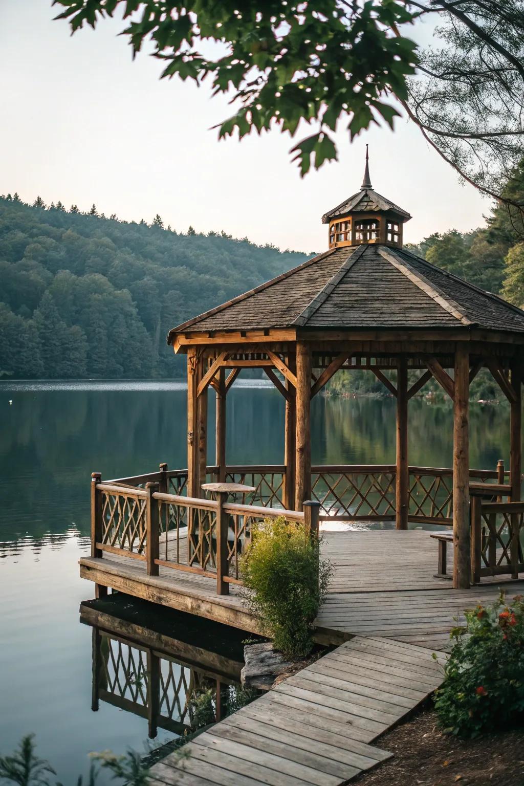 A timber haven exudes rustic appeal on the tranquil lake waters.