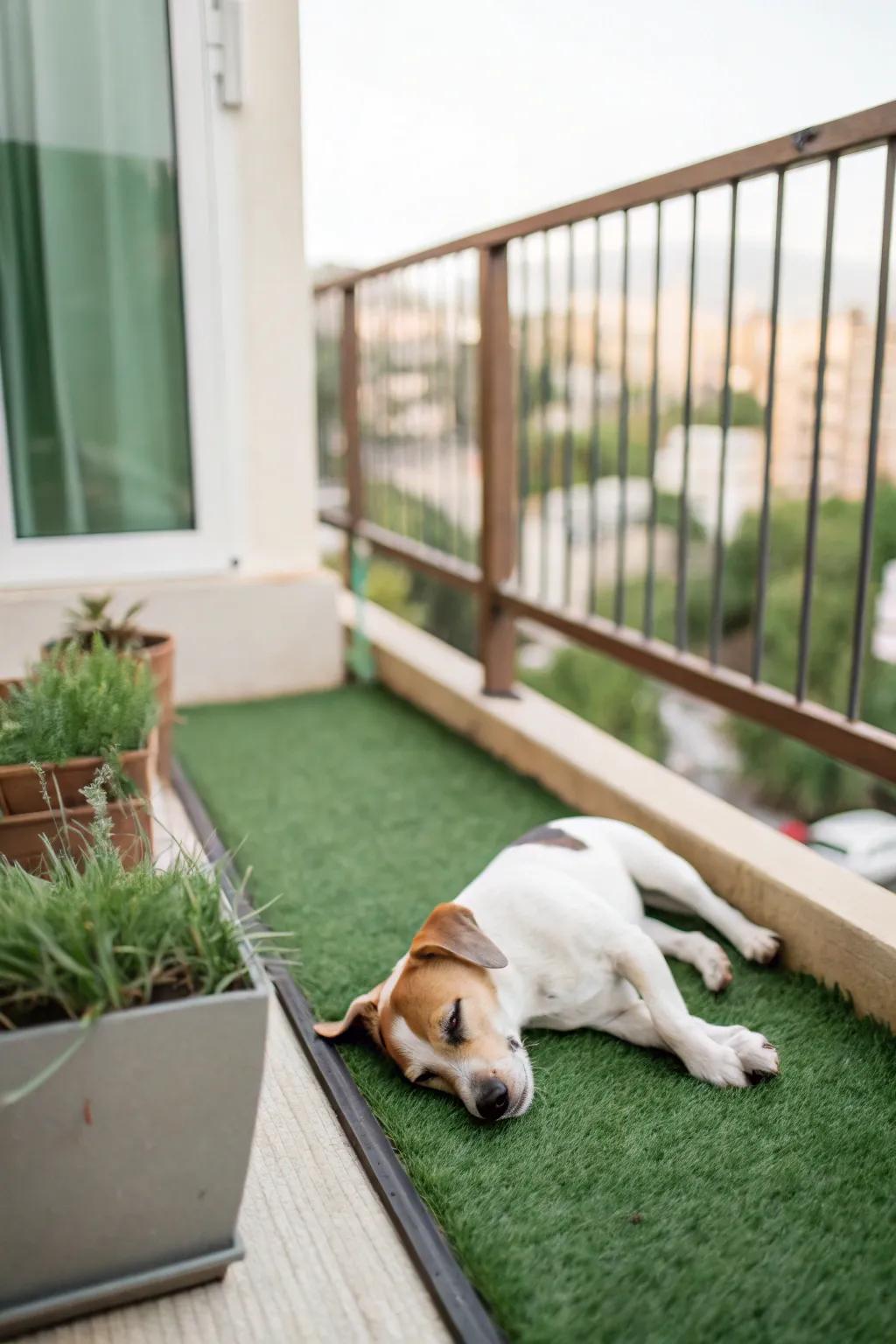 A snug artificial grass area provides pooches with a taste of nature right on the balcony.