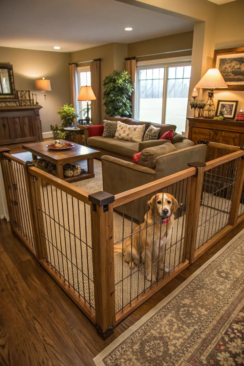 A classic timber dog barrier that amplifies the inviting atmosphere of a family space.
