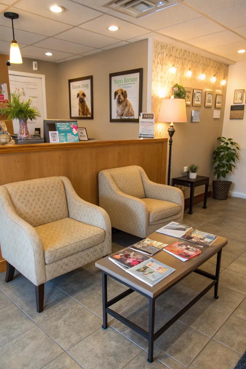 An inviting reception area enhanced with comfortable seating and a selection of pet magazines.