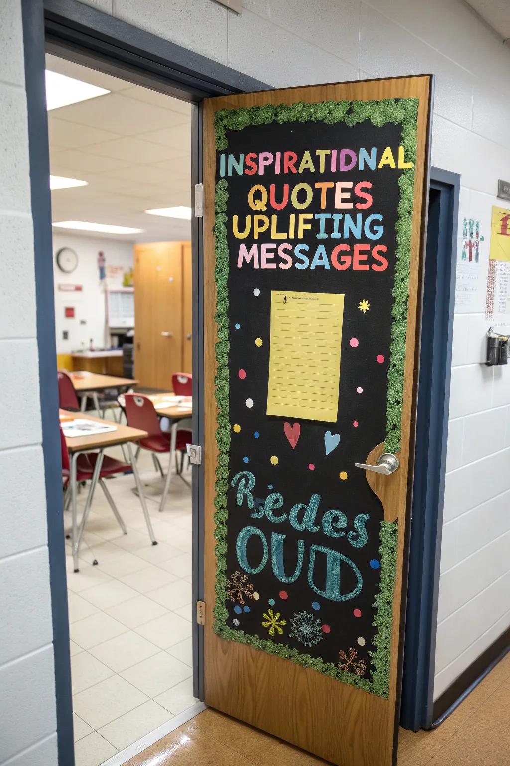 A door displaying motivational quotes to uplift students.