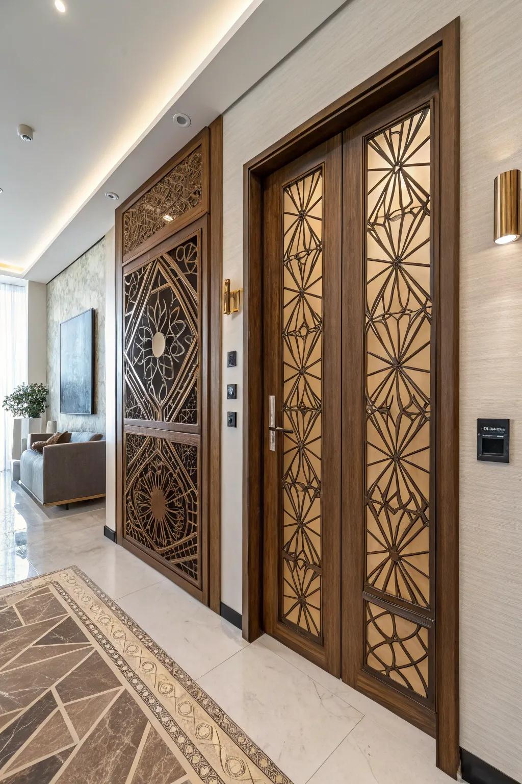 A modern spin using geometric woodwork panels.